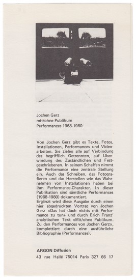 Jochen Gerz mit/ohne Publikum Performances 1968-1980